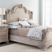 欧式实木复古做旧箱体床定制家具现代卧室仿古雕花带液压1.8婚床
