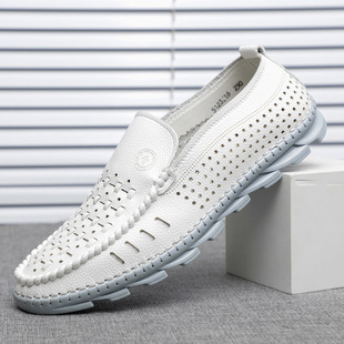 男士凉鞋白色皮鞋男真皮新款驾车鞋夏季透气镂空洞洞软平底休闲鞋