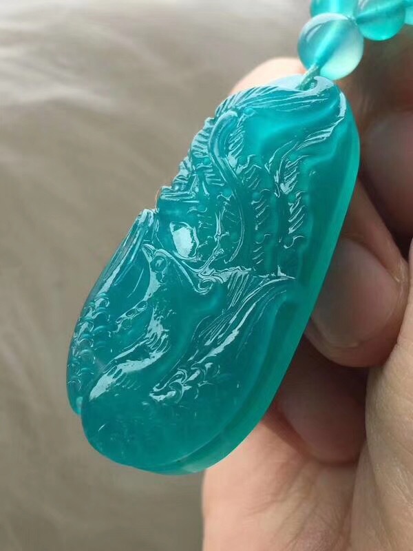 天河石雕刻件孔雀开屏配108颗佛珠饰品 高冰高蓝 无杂无黑 颜色美