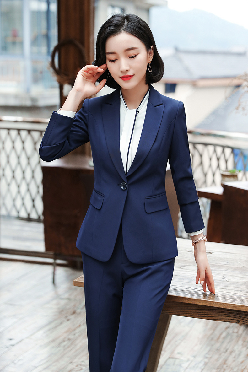 职业女裤套装长袖黑色套裙女士正装修身西装白领面试蓝色工作服
