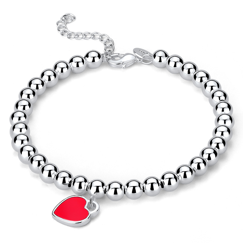 European and American Imitation S925 Sterling Silver round Beads Bracelet String Beads Enamel Peach Heart-Shaped Women's Silver Accessories Same Buddha Beads Bracelet