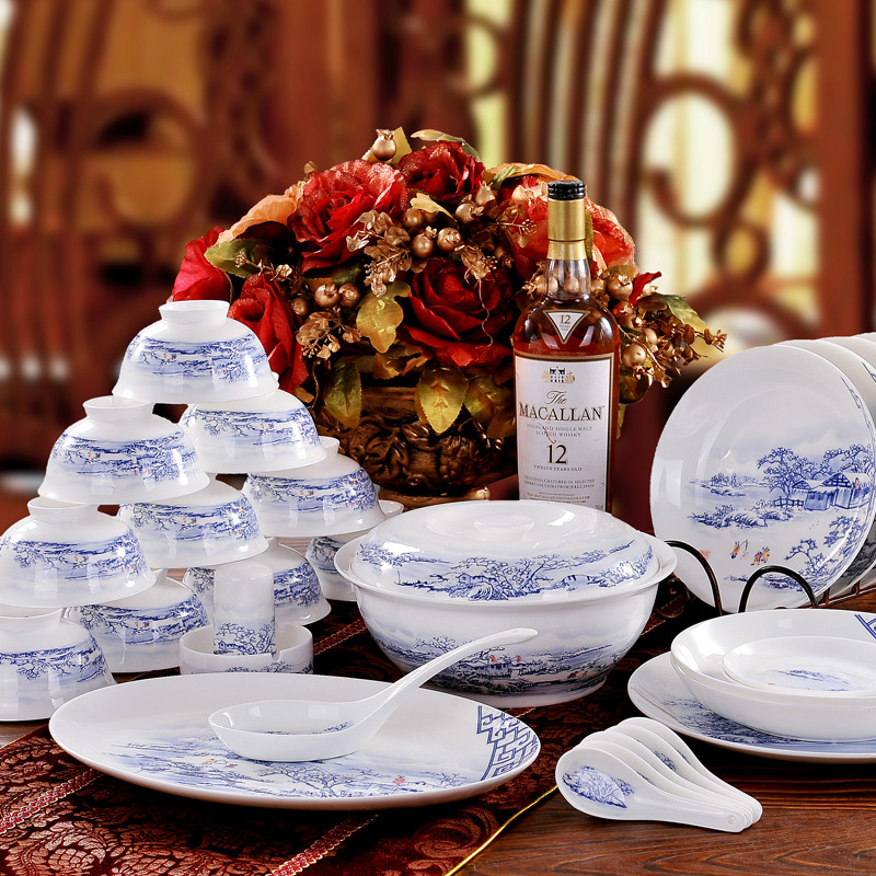 景德镇陶瓷56头陶瓷青花骨瓷骨瓷餐具套装碗盘碟勺瑞雪兆丰年