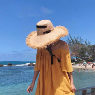 s韩拉菲草帽女夏海边防晒沙滩帽百搭休闲度假蝴蝶结绑带遮阳帽子