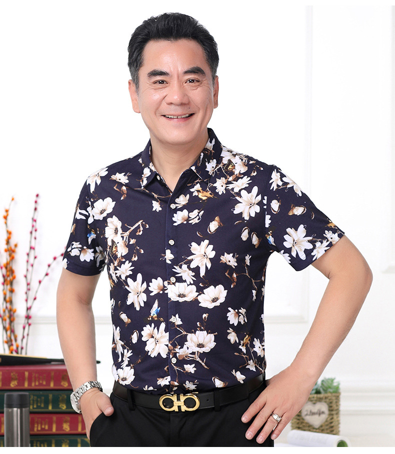 fgn/富贵鸟夏季中老年男士短袖花衬衫爸爸装男式休闲衬衣碎花上衣