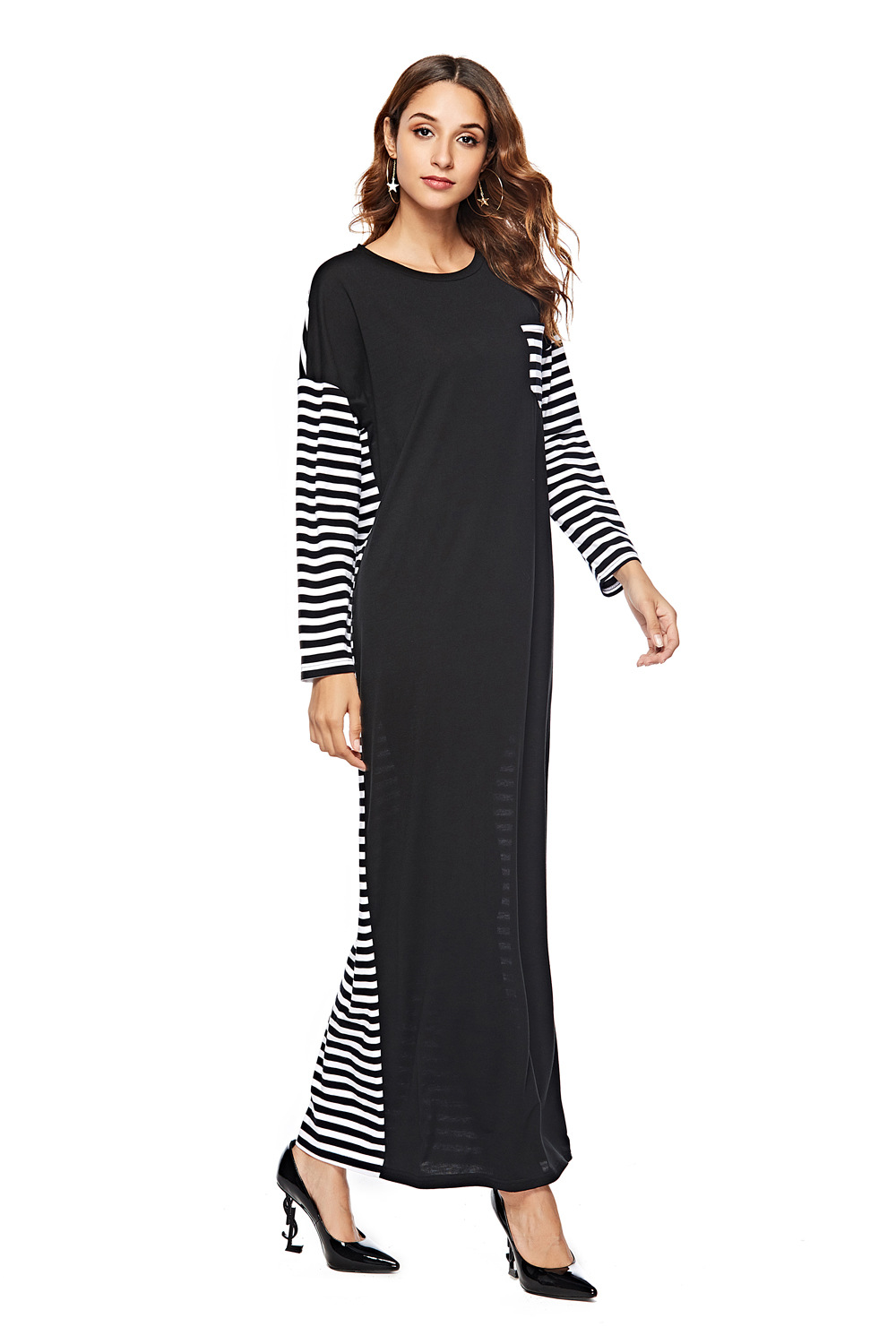 连衣裙-条纹拼接连衣裙 欧美时尚休闲宽松连衣裙 亚马逊速卖通热销连