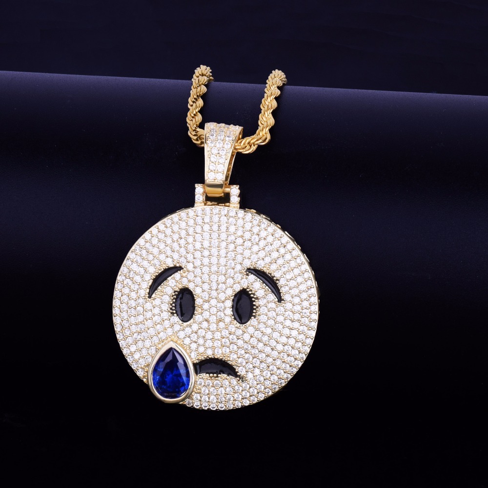 跨境平台热卖欧美哭脸表情微镶彩色锆石吊坠嘻哈潮牌配饰hiphop