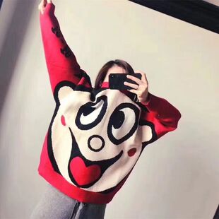 旺旺联名潮牌毛衣女2018秋冬红色卡通旺仔牛奶圆领针织衫情侣外套