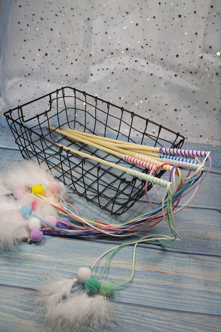 钓鱼款手工精品逗猫棒韩国绒绳火鸡羽毛三色泡泡球40cm长批发