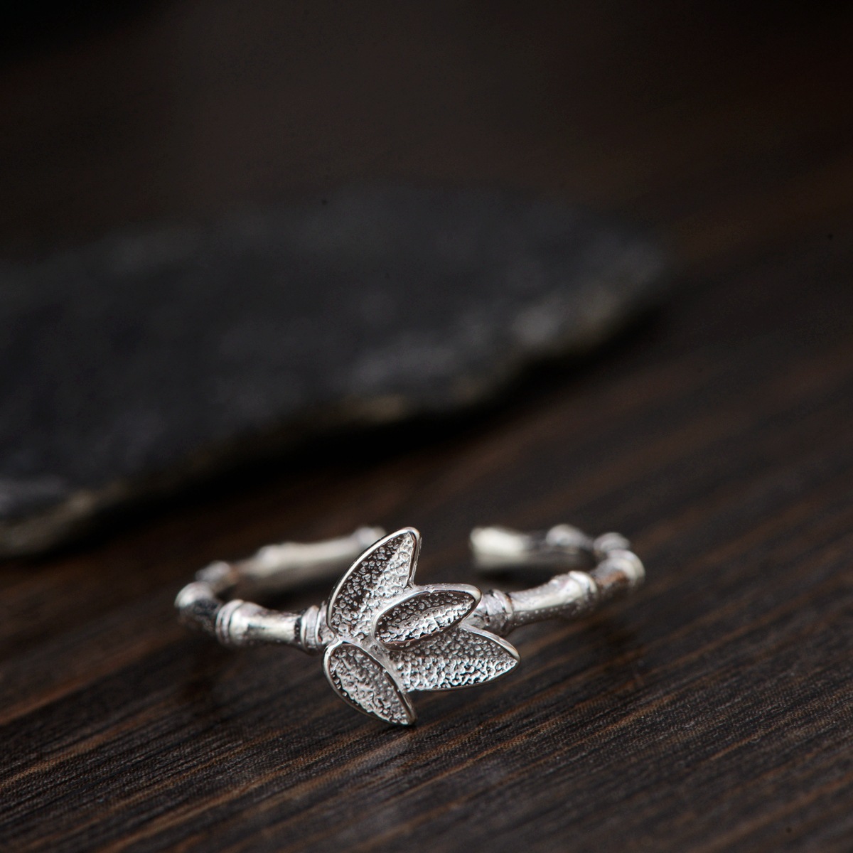 金鹿王s925银素银工艺银戒指批发女款简约文艺竹节竹子开口银指环