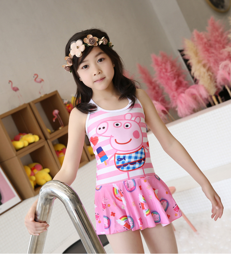 笑蜀女童连体泳衣韩国可爱宝宝三角游泳衣卡通中大童背心沙滩泳装