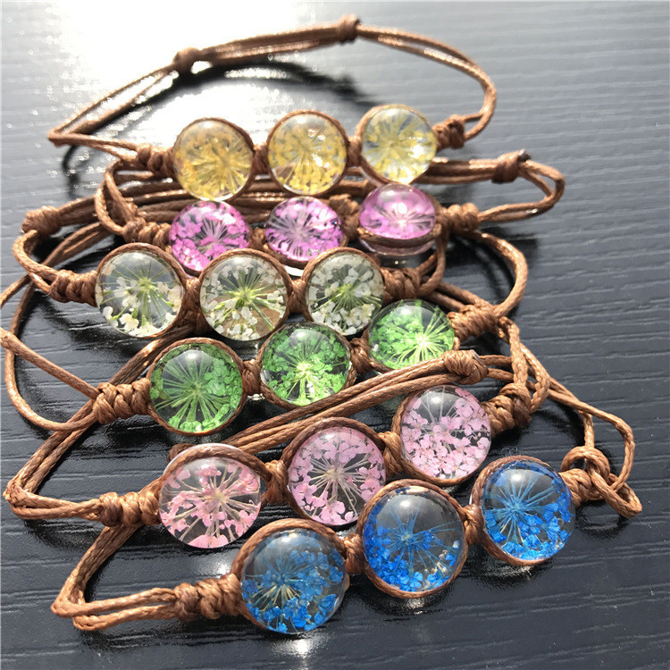 干花手链植物标本水晶玻璃球四叶草桃花手工编织景区货源樱花永生