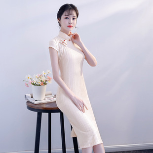 小香风旗袍夏季2018新款少女修身显瘦中国风短袖连衣裙中长款