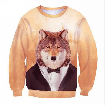 外贸新爆款动物趣味绅士狼3d印花无帽卫衣男女款情侣卫衣w554