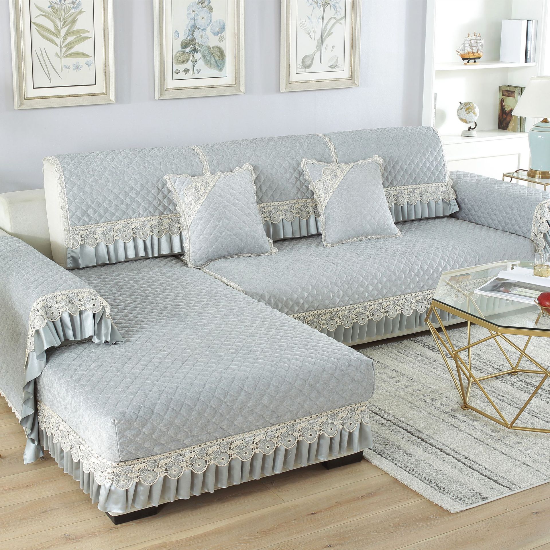 厂家批发四季纯色雪尼尔防滑沙发垫欧式蕾丝裙摆客厅组合沙发罩巾