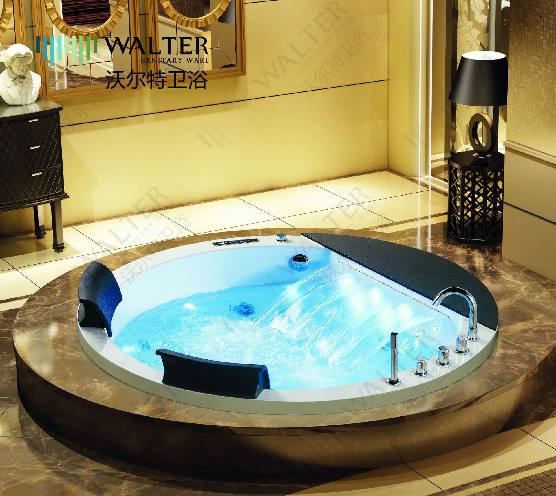 瀑布出水舒适圆形亚克力浴缸—嵌入式冲浪按摩缸 wb-5020