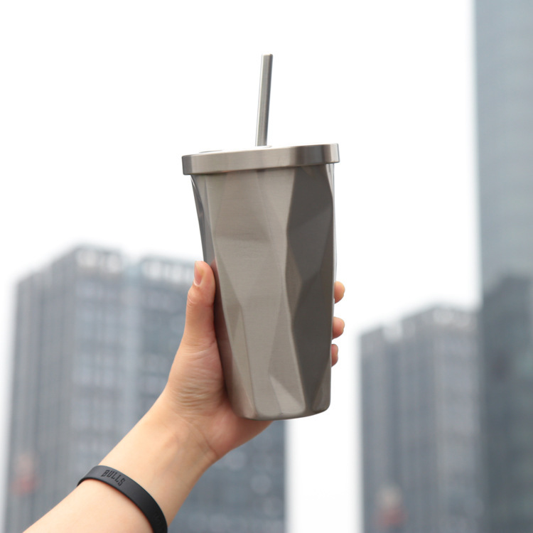保温杯吸管杯子双层不锈钢保温吸管杯异形咖啡杯带菱形