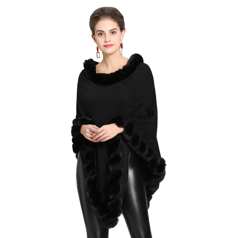 1396# European and American Autumn and Winter New Imitation Fox Fur Collar Imitation Cashmere Knitted Pullover Cloak Shawl Factory Wholesale