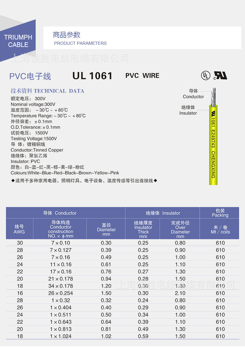 领胜厂家现货热销ul1061-26awg电子线 电线 电子设备电子线