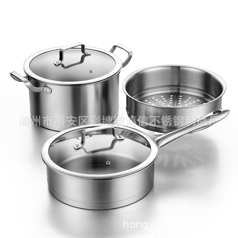 430 Stainless Steel Pot Set Thick Right Angle Soup Pot Milk Pot Wok Frying Pan Steamer Three-Piece Gift Electromagnetic