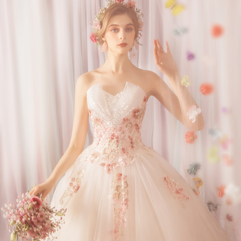 天使嫁衣 空灵森系花仙子 时髦个性玫瑰花朵抹胸公主新娘婚纱3161