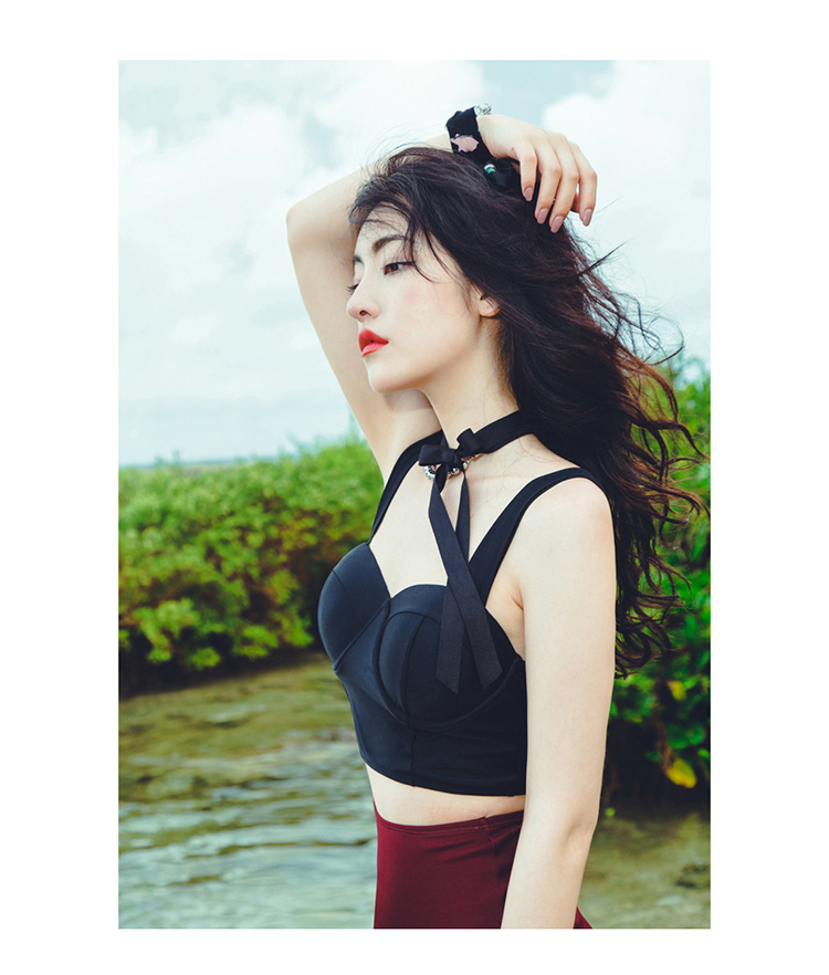 韩国高腰三角分体比基尼二件套泳衣遮肚宽肩带保守小胸聚拢泡温泉