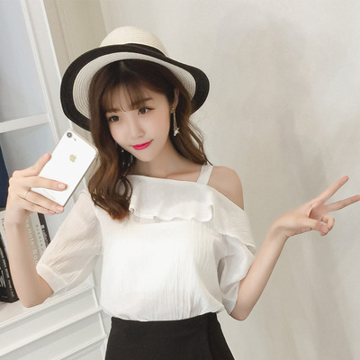 2018夏装新款露肩衫女短袖批发潮学生宽松甜美一字领吊带上衣