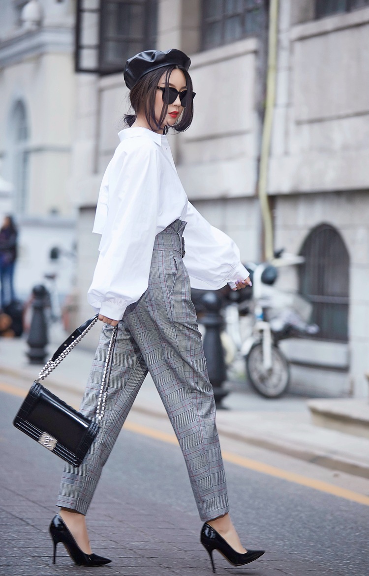 直销新款时尚皮带装饰腰休闲哈伦裤 格子裤哈伦中腰直筒九分裤女