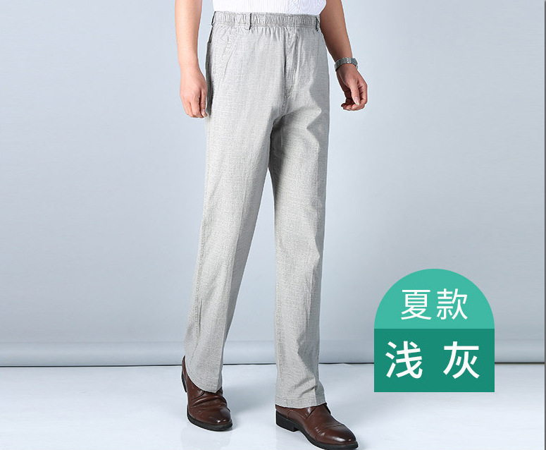Summer Thin Middle-Aged and Elderly Men's Pants Elastic Waist Cotton and Linen Men's Casual Jeans Dad Wear Straight-Leg Pants