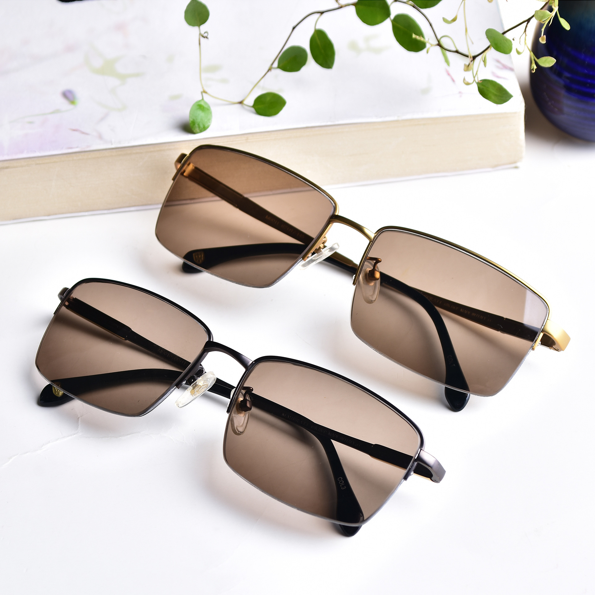 天然水晶石头眼镜 钛金半框拉丝架茶色托力克清凉避光护目太阳镜