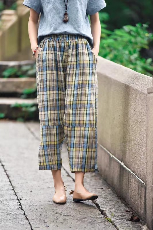 2018夏季新款 日式宽松百搭格子亚麻松紧腰垮裤女九分裤1819
