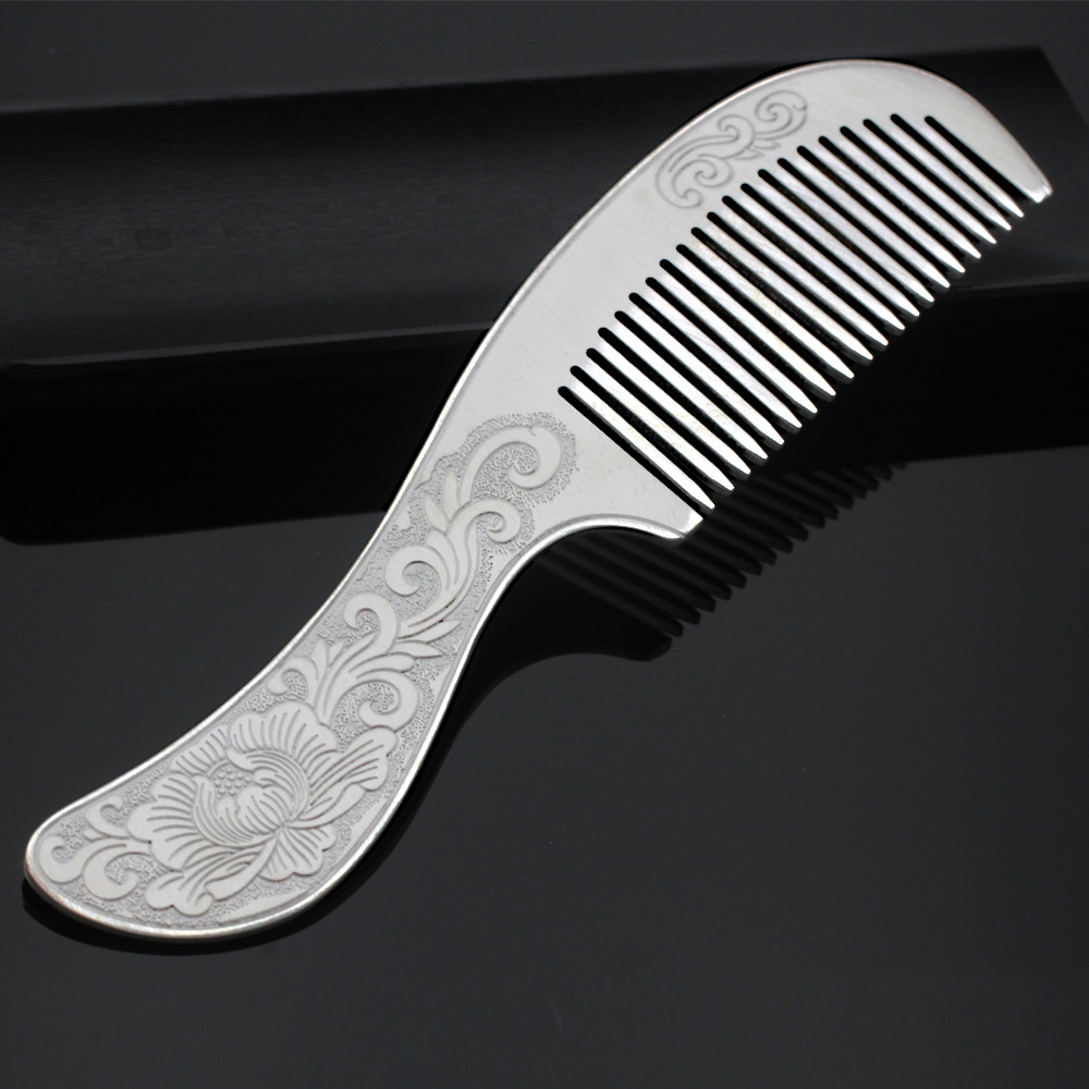 纯银长把梳子实用梳头饰品足银发梳带把s990银牡丹花梳子厂家直