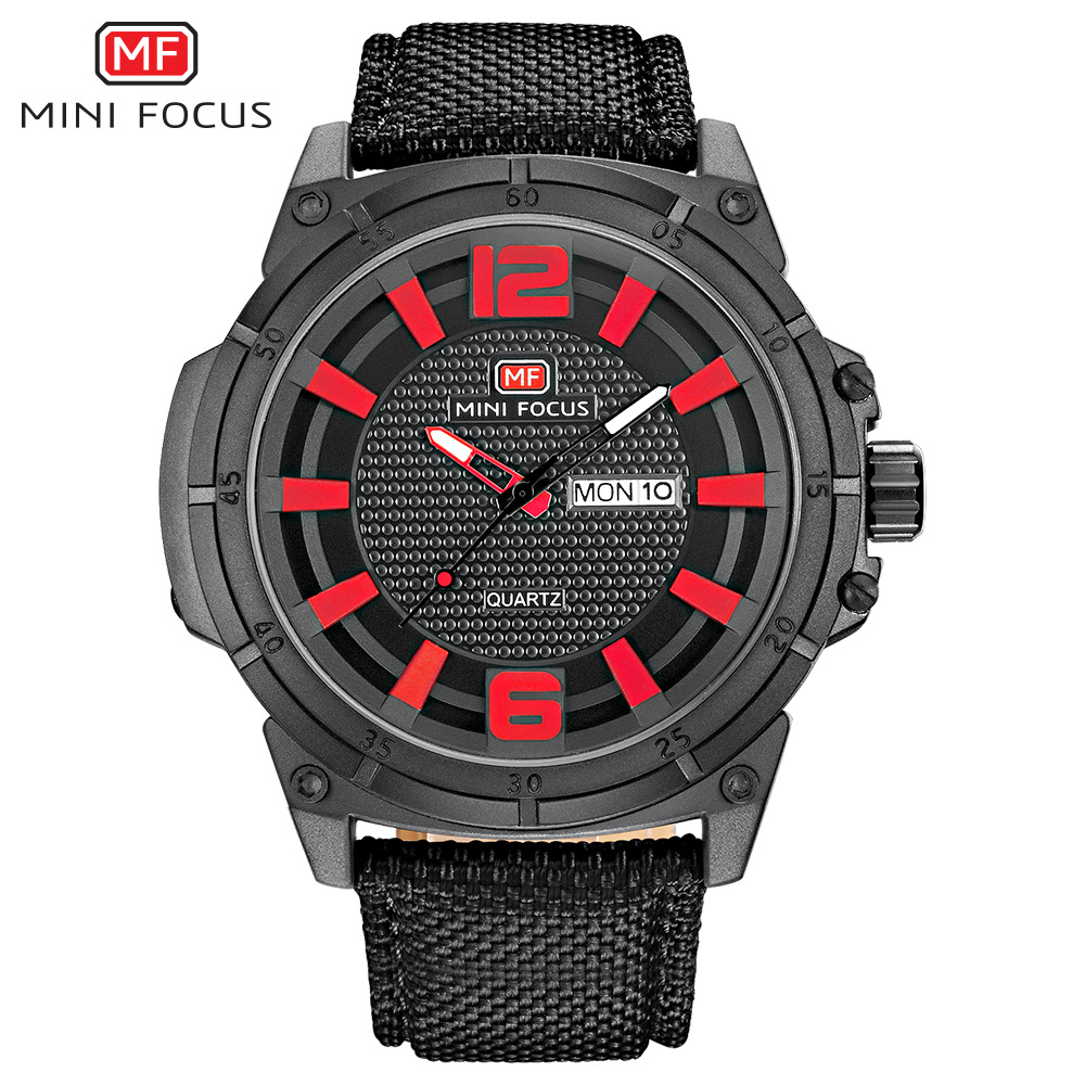 minifocus福克斯 mf0136g 男士石英表 帆布带日期星期水手表