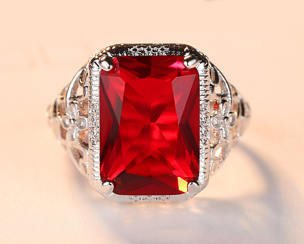 欧美风镶嵌红锆石戒指婚庆闺蜜创意简约镂空女方形钻指环外贸跨境