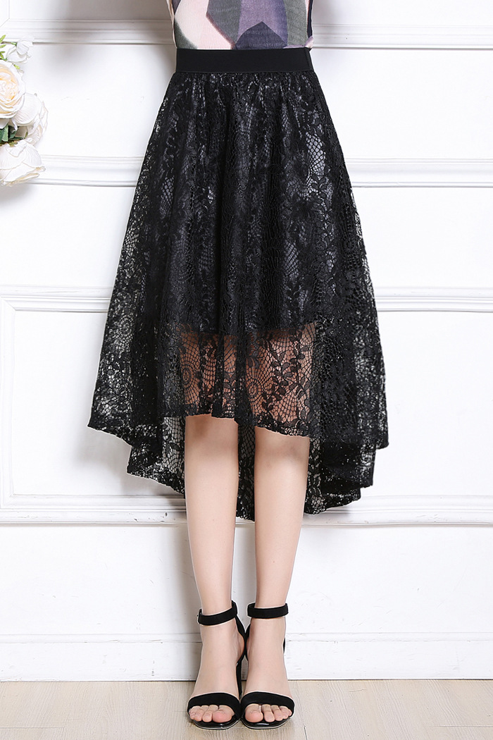 2018夏季新款韩版高腰蕾丝a字大摆裙前短后长燕尾裙中长裙半身裙