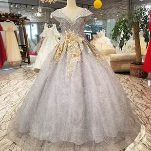 ls9955 圆领可定制高级灰金贴花露背带拖尾璀璨亮片晚礼服