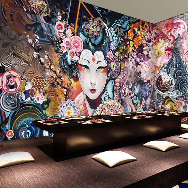 日本艺妓歌姬墙纸日式和风浮世绘背景装饰壁画个性纹身工作室墙布