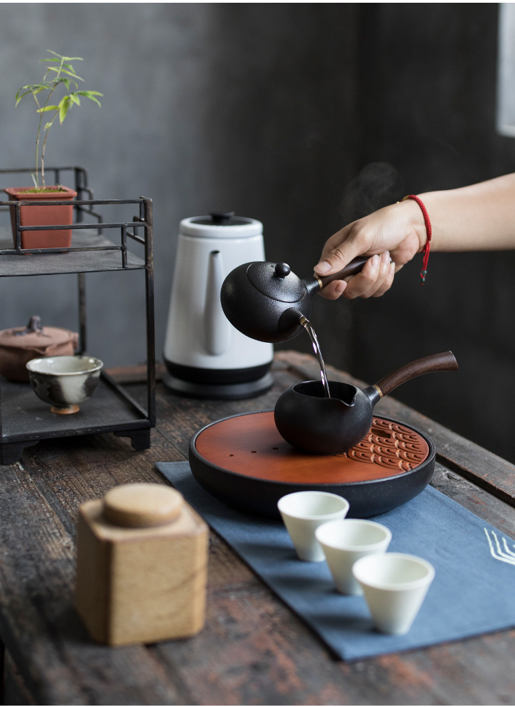 禅意侧把壶粗陶瓷泡茶器黑檀木手柄茶壶防烫隔热茶具禅风黑