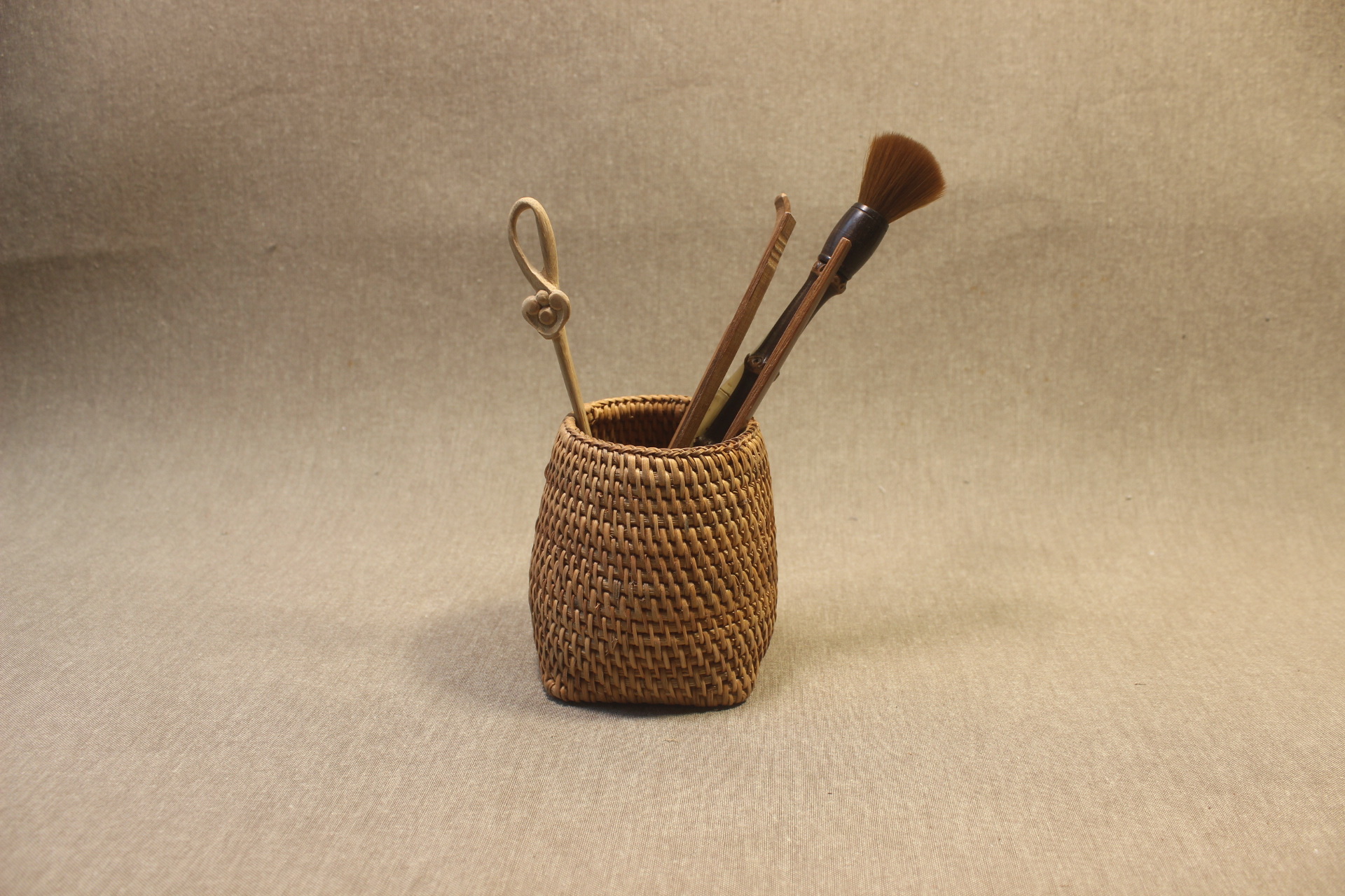 七月七秋藤编笔筒 杯笼藤制工艺品编织茶道配件六君子