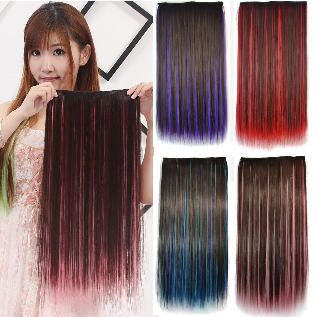 Wig Female Color Highlight Straight Hair Piece One Piece Hair Extension High-Temperature Fiber Five Clips Wig Set Chemical Fiber Hair Weft