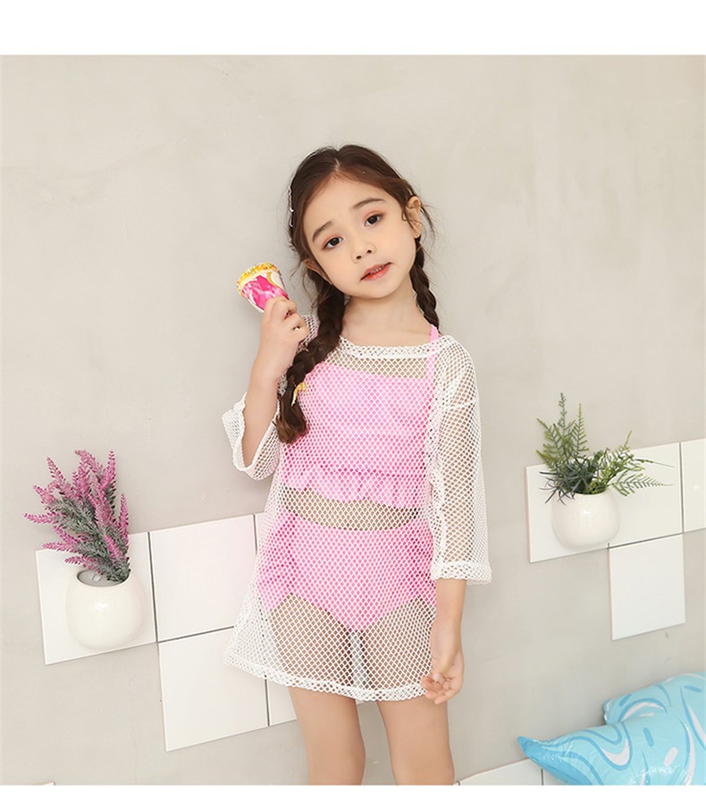 韩版比基尼泳衣 儿童分体三件套温泉泳装镂空罩衫女童高腰游泳衣