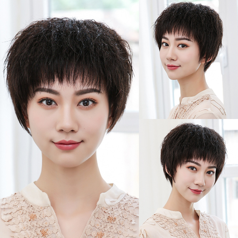 全手织假发女短发送妈妈短卷发蓬松自然女士头套真人发丝假发套