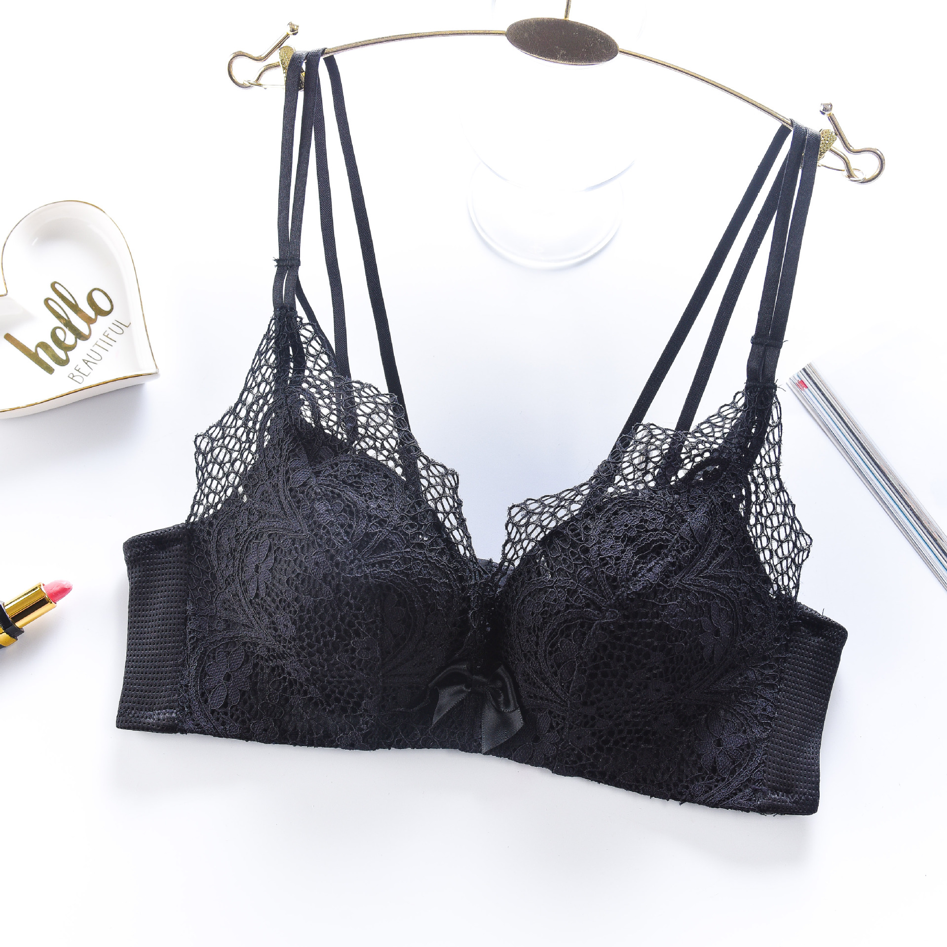 蕾丝前扣美背内衣女无钢圈交叉性感小胸加厚露背聚拢女士文胸批发