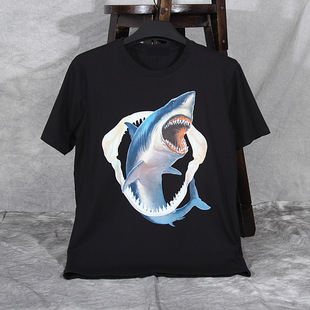 潮牌中长款t恤女短袖夏季新款ins超火鲨鱼印花宽松大码上衣情侣装