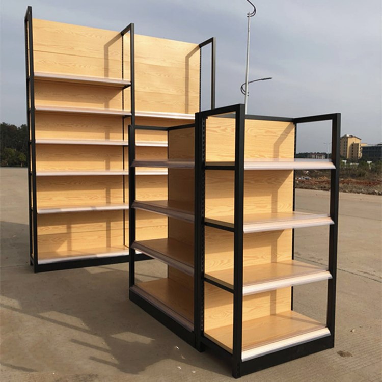 超市货架单面 便利店日用品食品货架 商品铁质木纹四柱展示架货柜