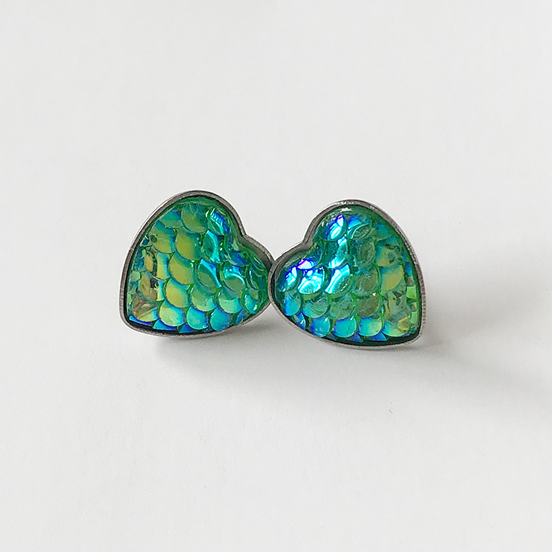 12mm 心形美人鱼鱼鳞耳钉 glitter fish scales 甜美耳饰货源厂家
