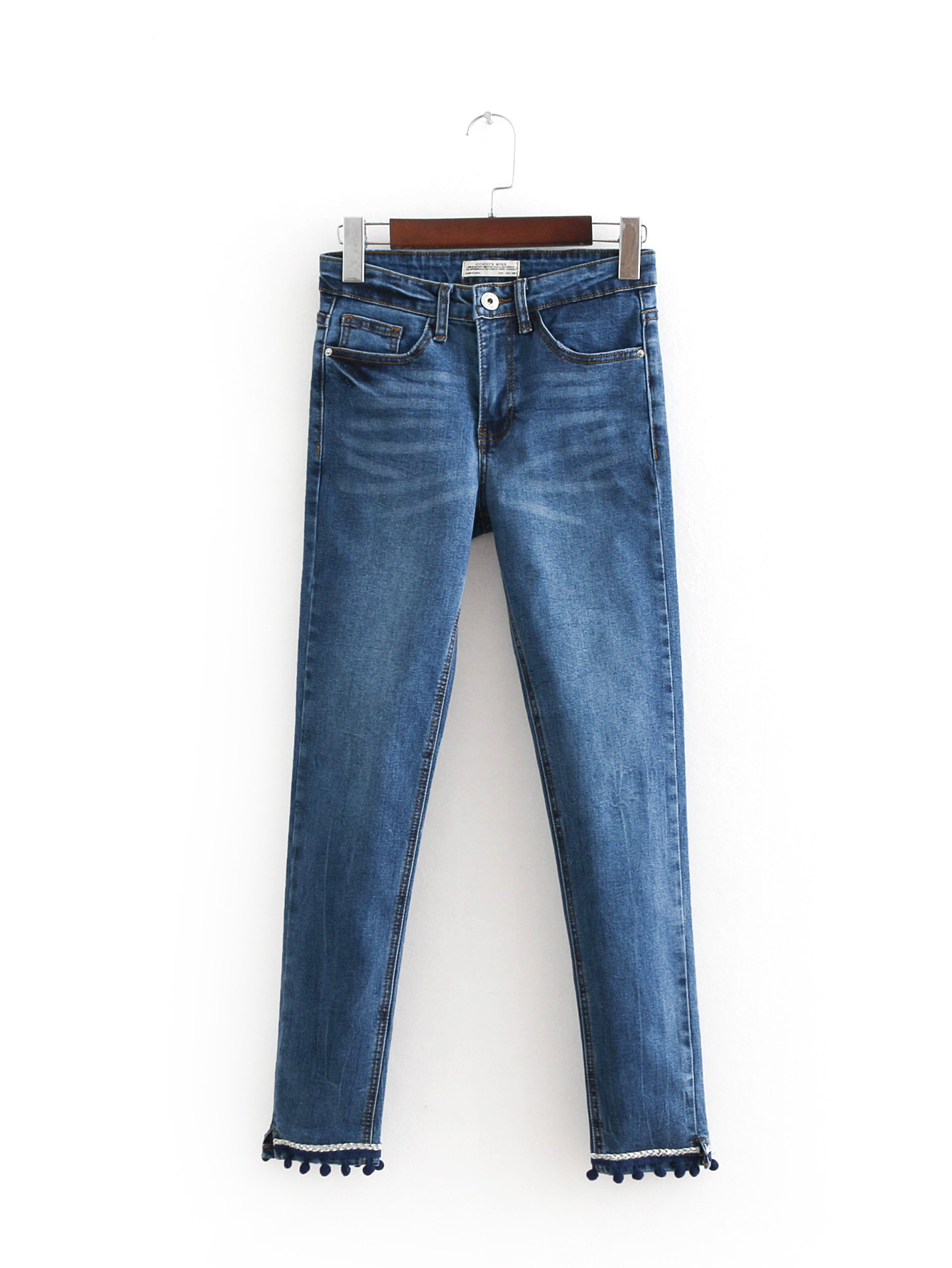 跨境速卖通7c3119 18春季新款欧美风球状饰裤脚修身牛仔裤女