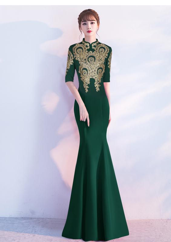 6068795女装新款刺绣立领修身宴会敬酒新娘礼服长裙中袖连衣裙