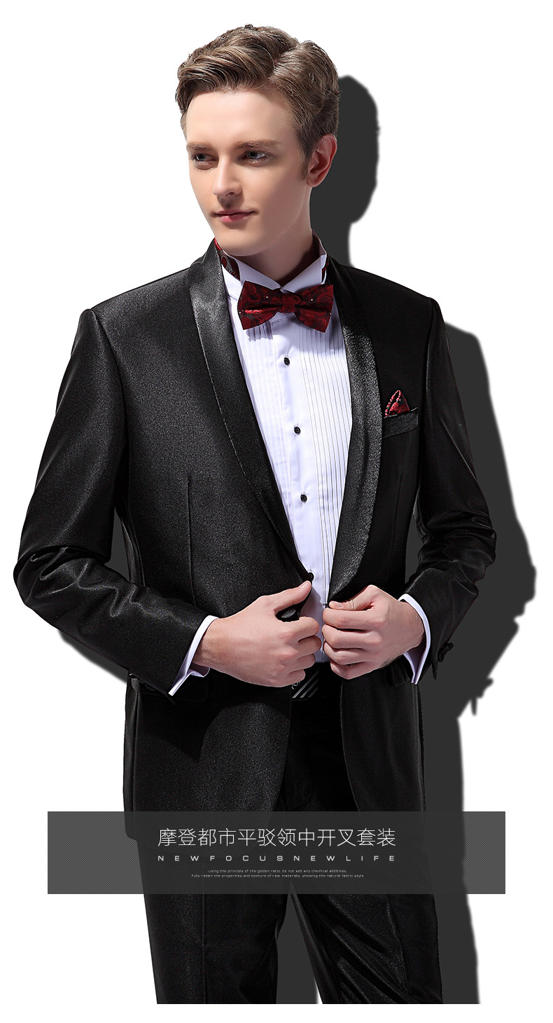 2019男士结婚礼服 西服套装男 黑色一扣绸缎青果领修身西装男套装