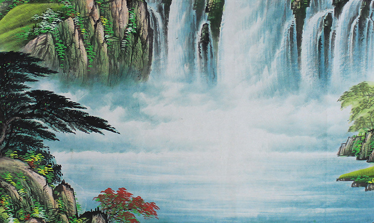 纯手绘山水画风水画大六尺风水靠山风水画聚宝盆客厅装饰画