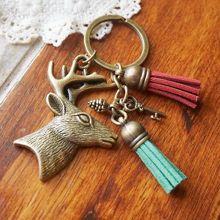 原创手工饰品 女 森林系日系 复古圣诞礼物森林大鹿头流苏钥匙扣